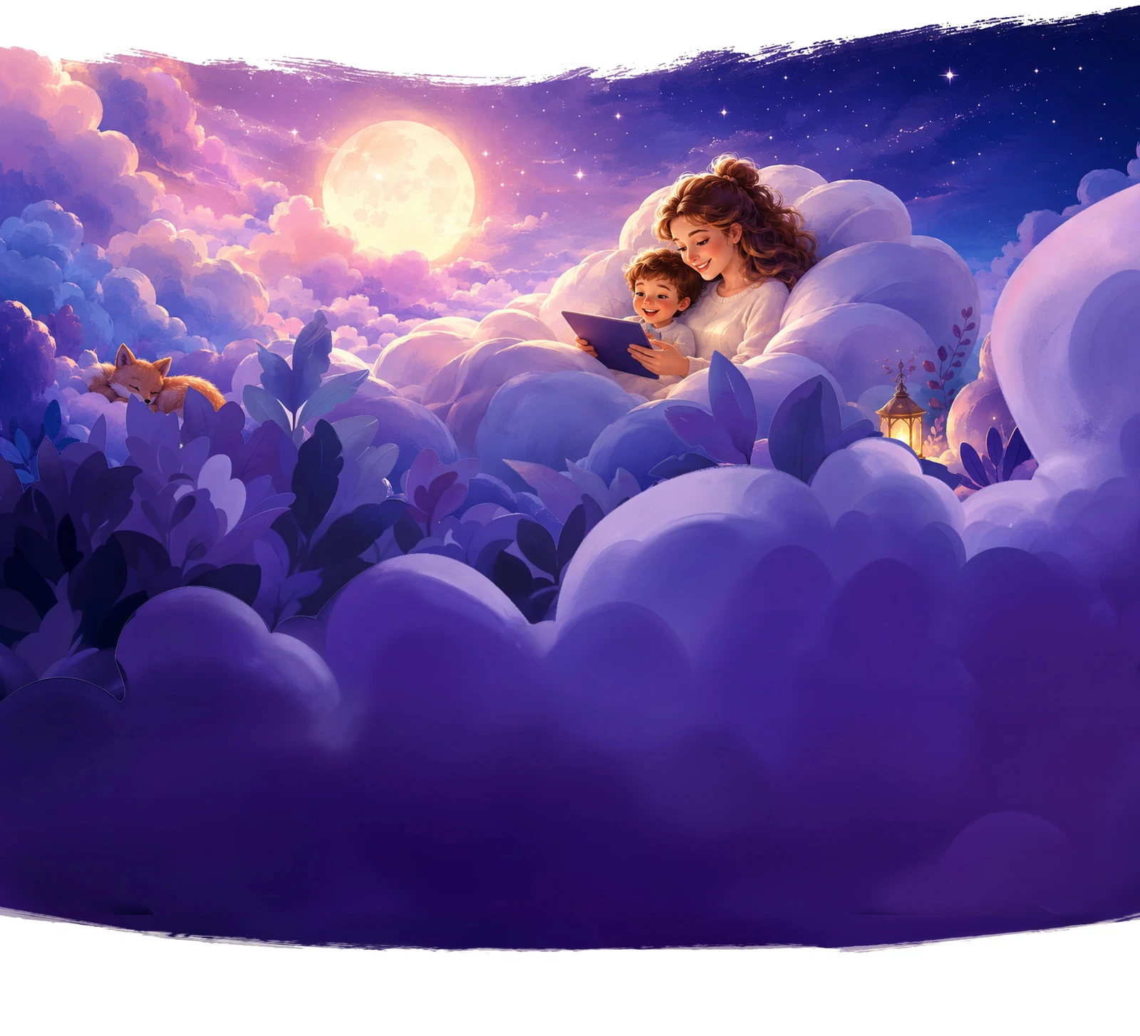 A mother and child reading a bedtime story among moonlit clouds